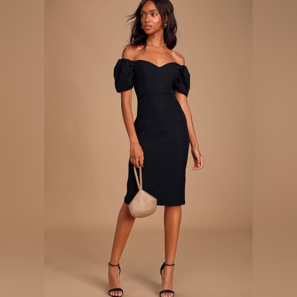 Lucky Number Black Puff Sleeve Bodycon Midi Dress Lulus Size XS